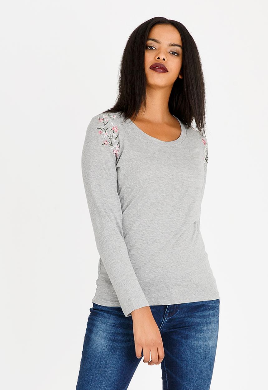 JEEP - Embroidered Long Sleeve Top Grey Melange