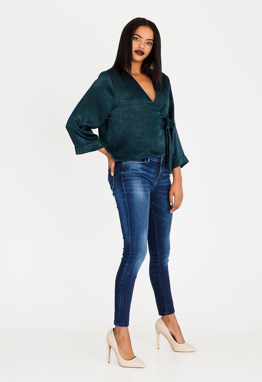 edit - Wrap Over Blouse with Kimono Sleeve Dark Green