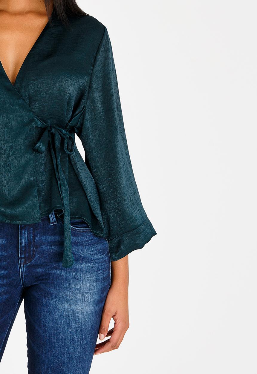 edit - Wrap Over Blouse with Kimono Sleeve Dark Green