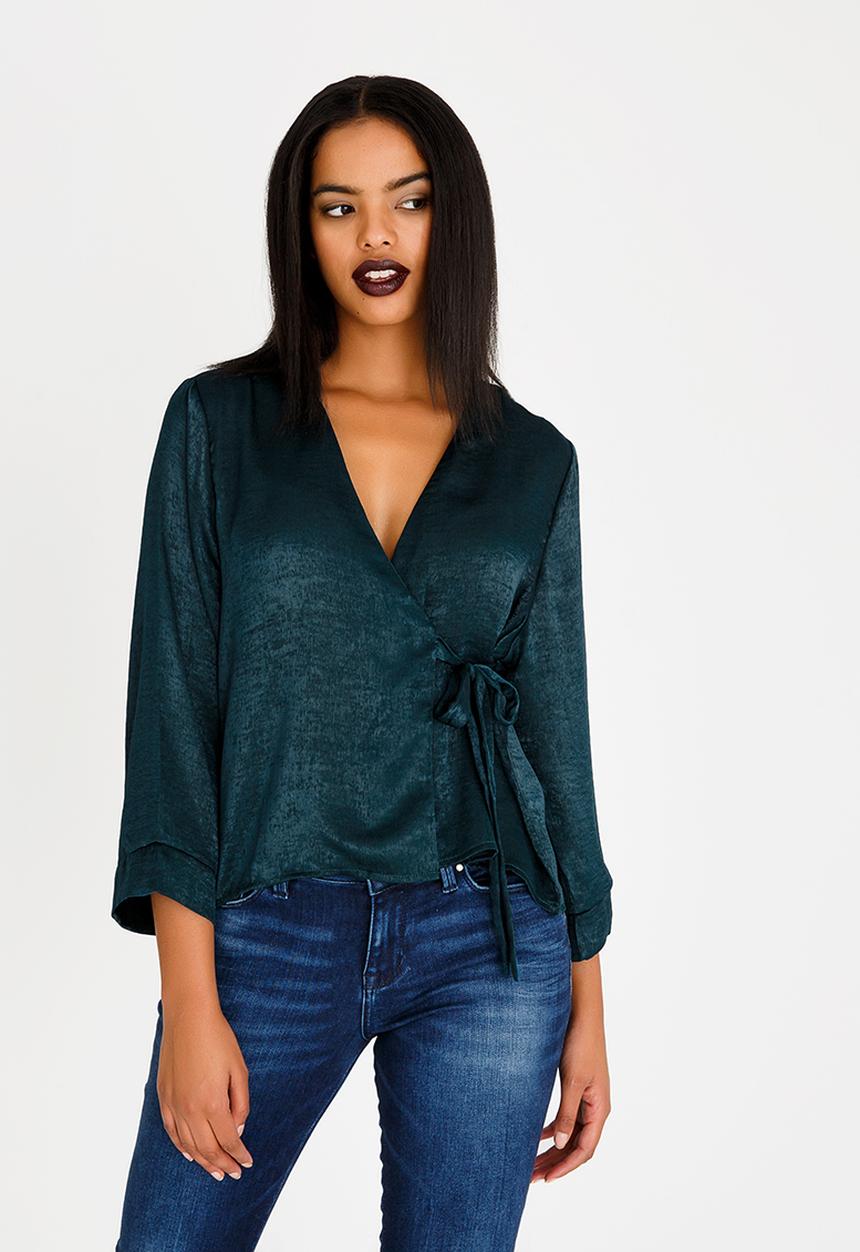 edit - Wrap Over Blouse with Kimono Sleeve Dark Green