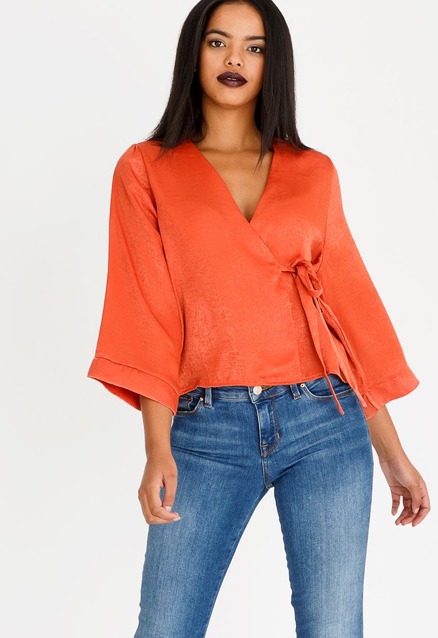 edit - Wrap Over Blouse with Kimono Sleeve Orange
