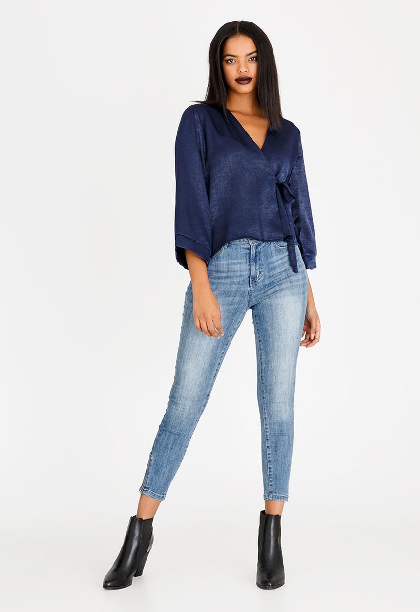 edit - Wrap Over Blouse with Kimono Sleeve Navy