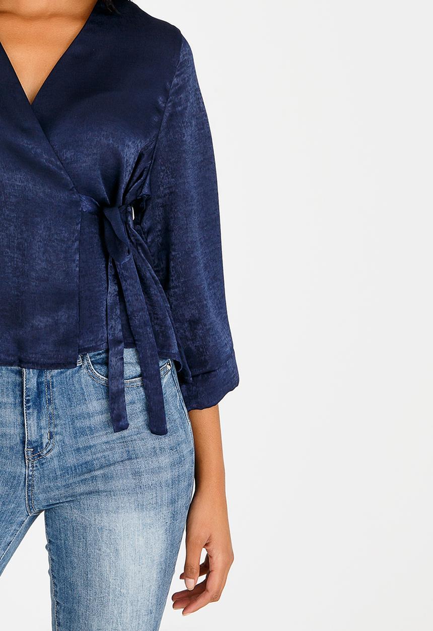 edit - Wrap Over Blouse with Kimono Sleeve Navy