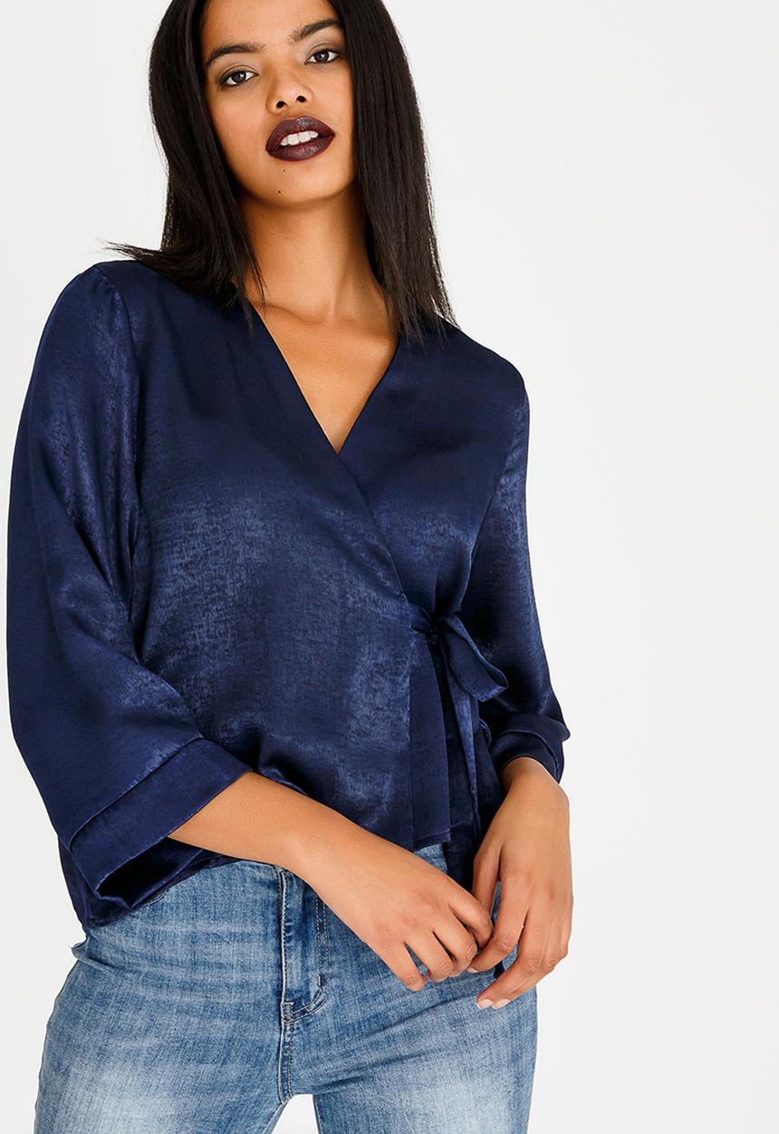 edit - Wrap Over Blouse with Kimono Sleeve Navy
