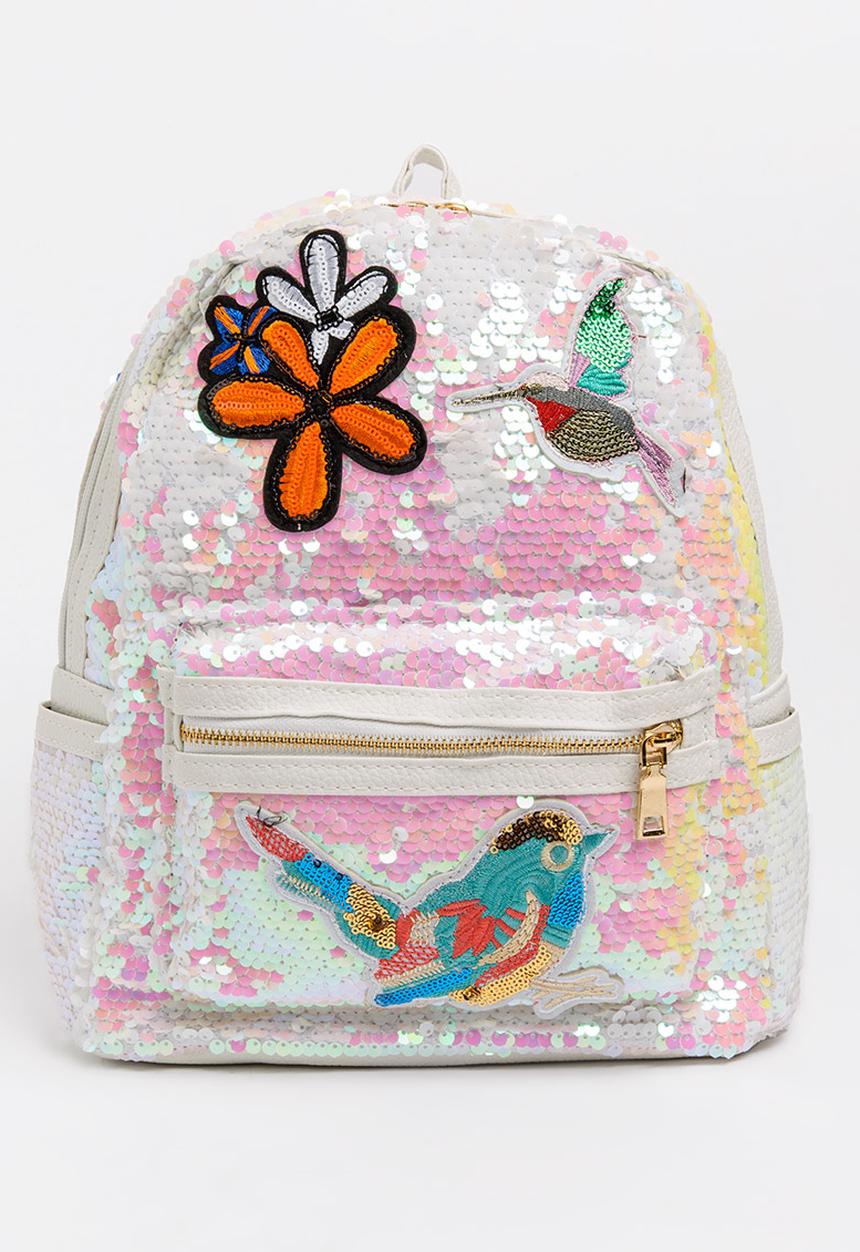 Pop Candy - Sequin Backpack with Badge Detail White
