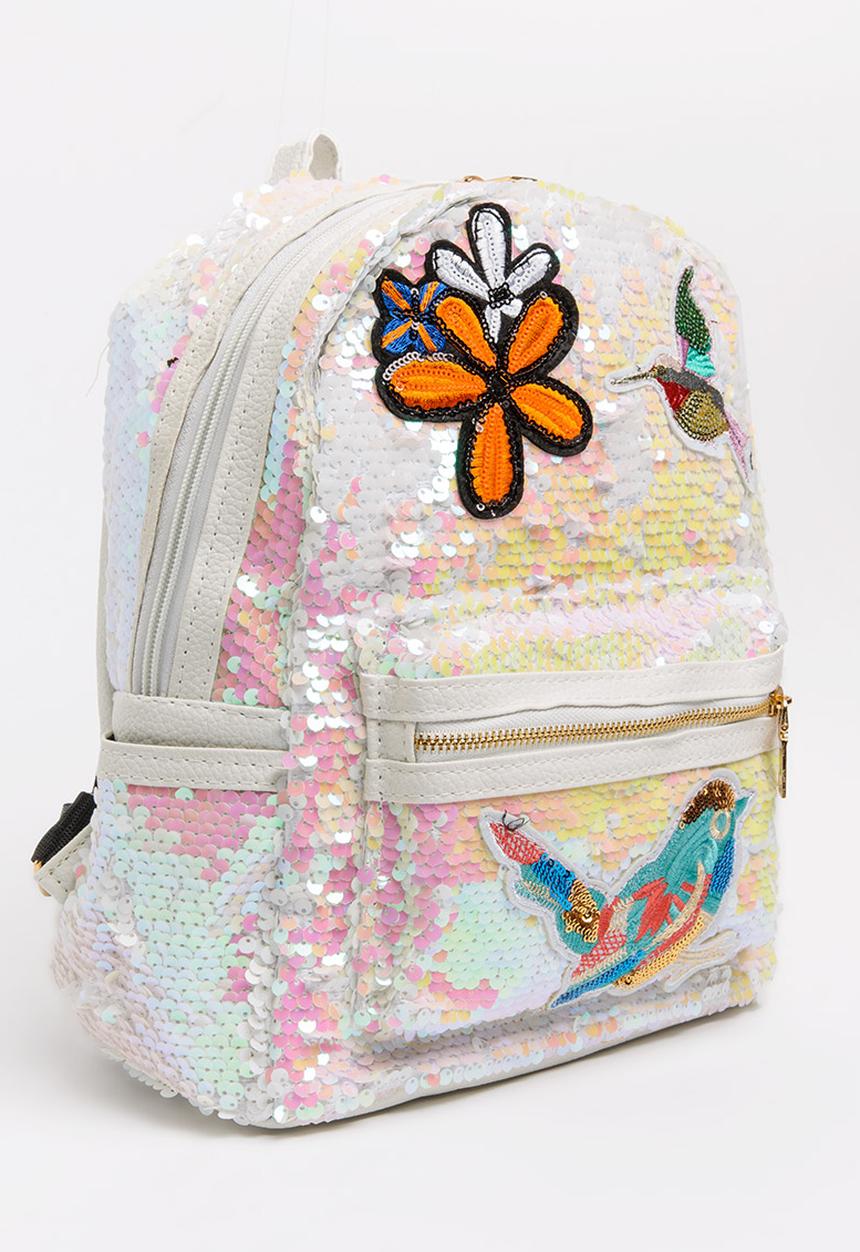 Pop Candy - Sequin Backpack with Badge Detail White