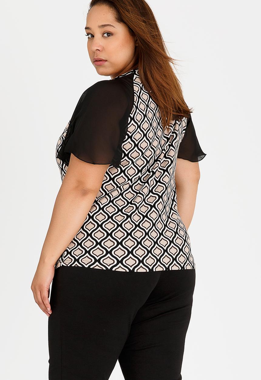 edit Plus - Mesh Sleeve Blouse Black and Cream