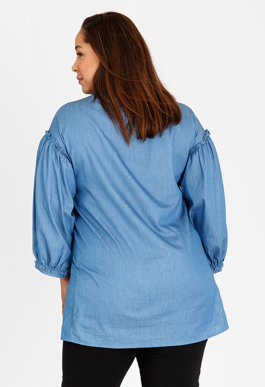 STYLE REPUBLIC PLUS - Embroidered Volume Sleeve Shirt Blue