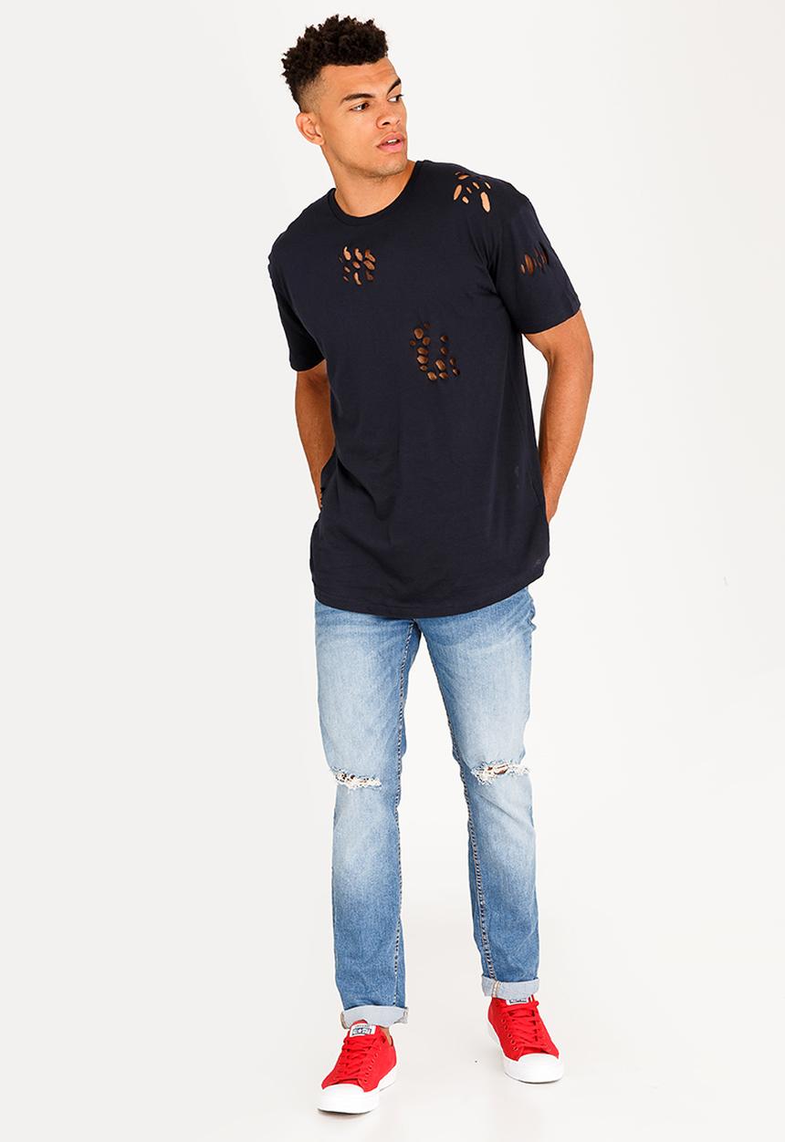 Brave Soul - Benji Hole Detail Cotton Tee Navy