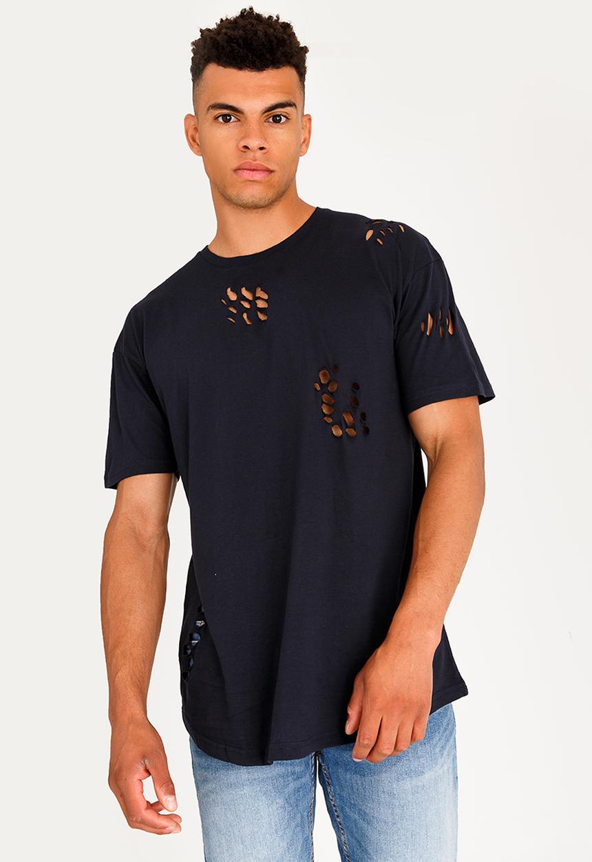 Brave Soul - Benji Hole Detail Cotton Tee Navy