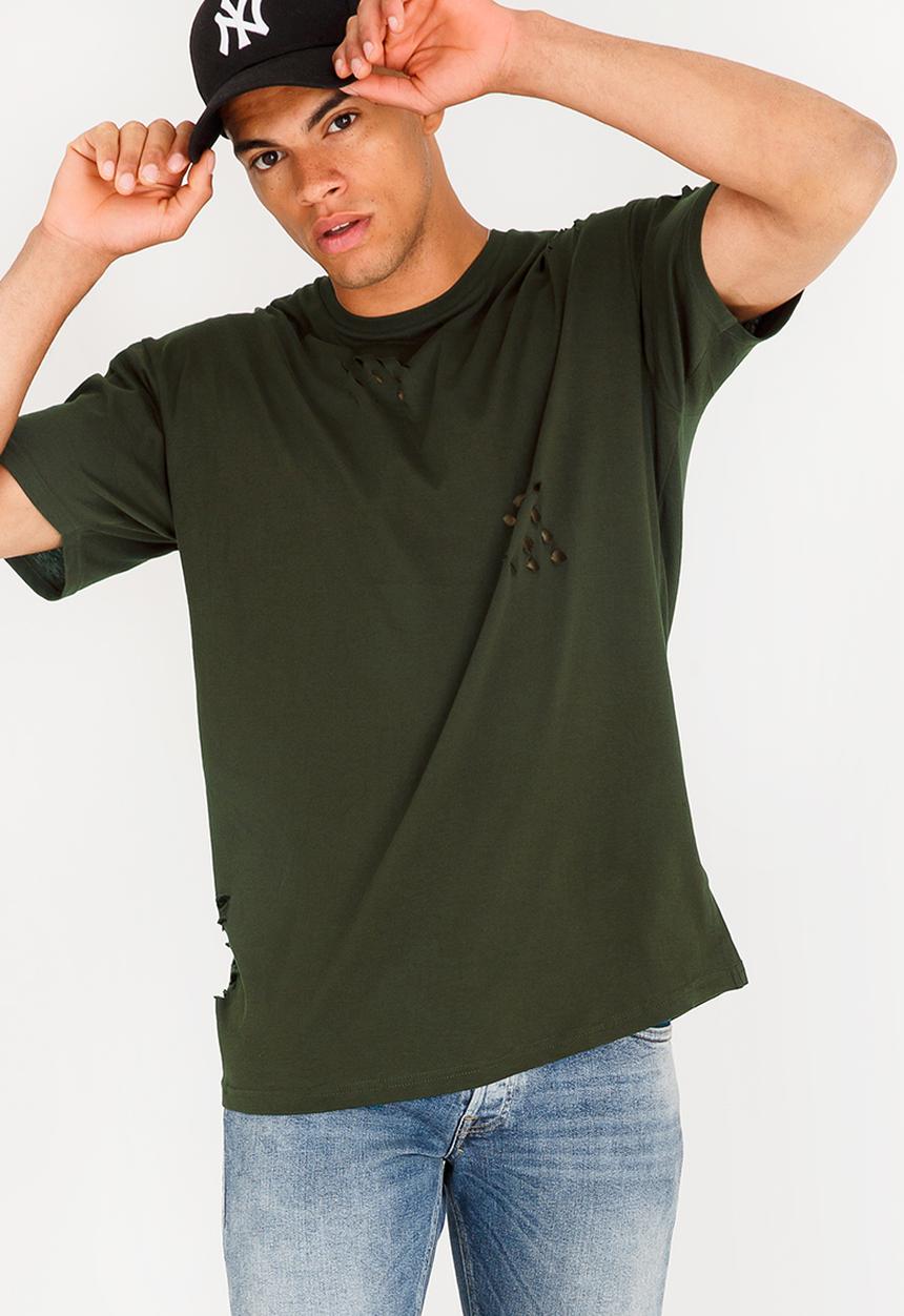 Brave Soul - Benji Hole Detail Cotton Tee Khaki Green