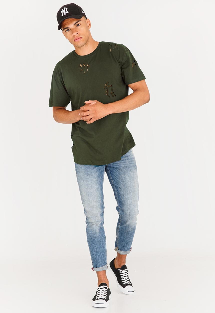 Brave Soul - Benji Hole Detail Cotton Tee Khaki Green