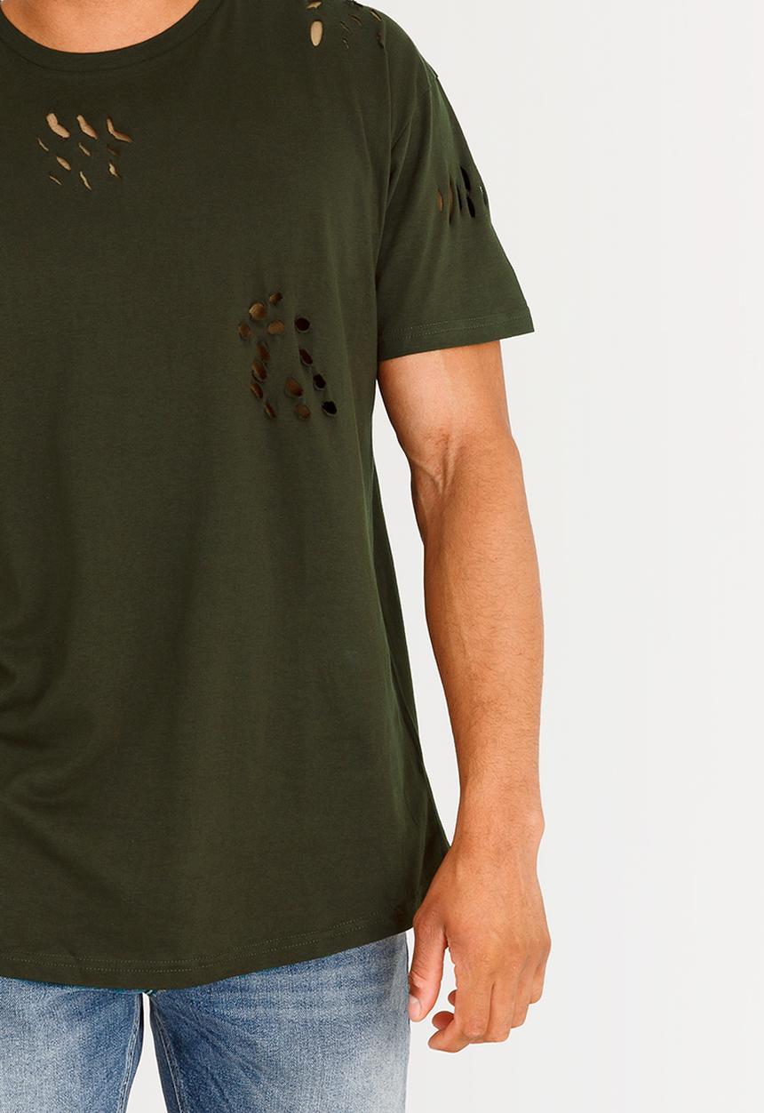 Brave Soul - Benji Hole Detail Cotton Tee Khaki Green