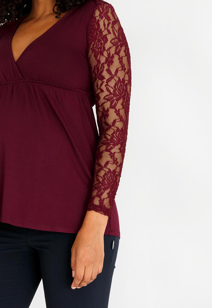 Cherry Melon - Lace Sleeve Crossover Feeding Top Burgundy
