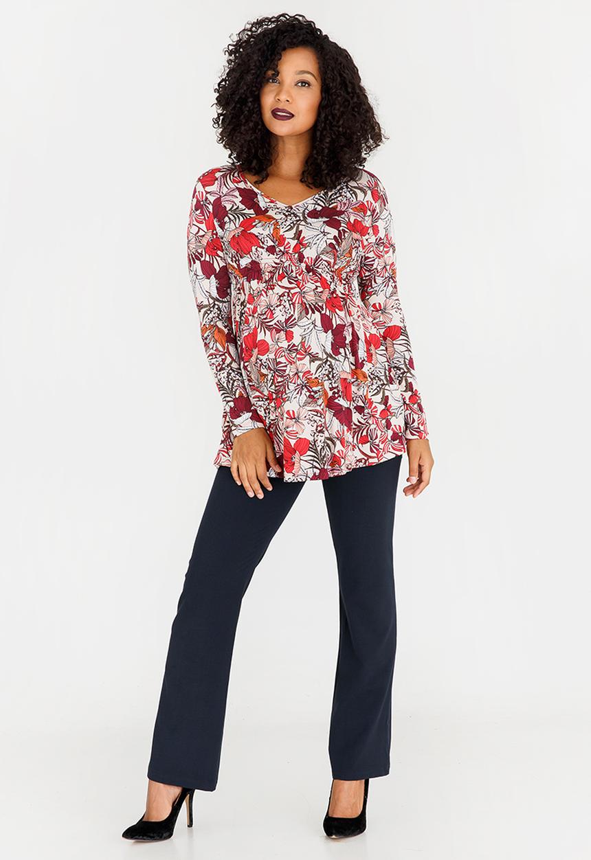 Cherry Melon - Printed Longsleeve Smock Detail Top Dark Red