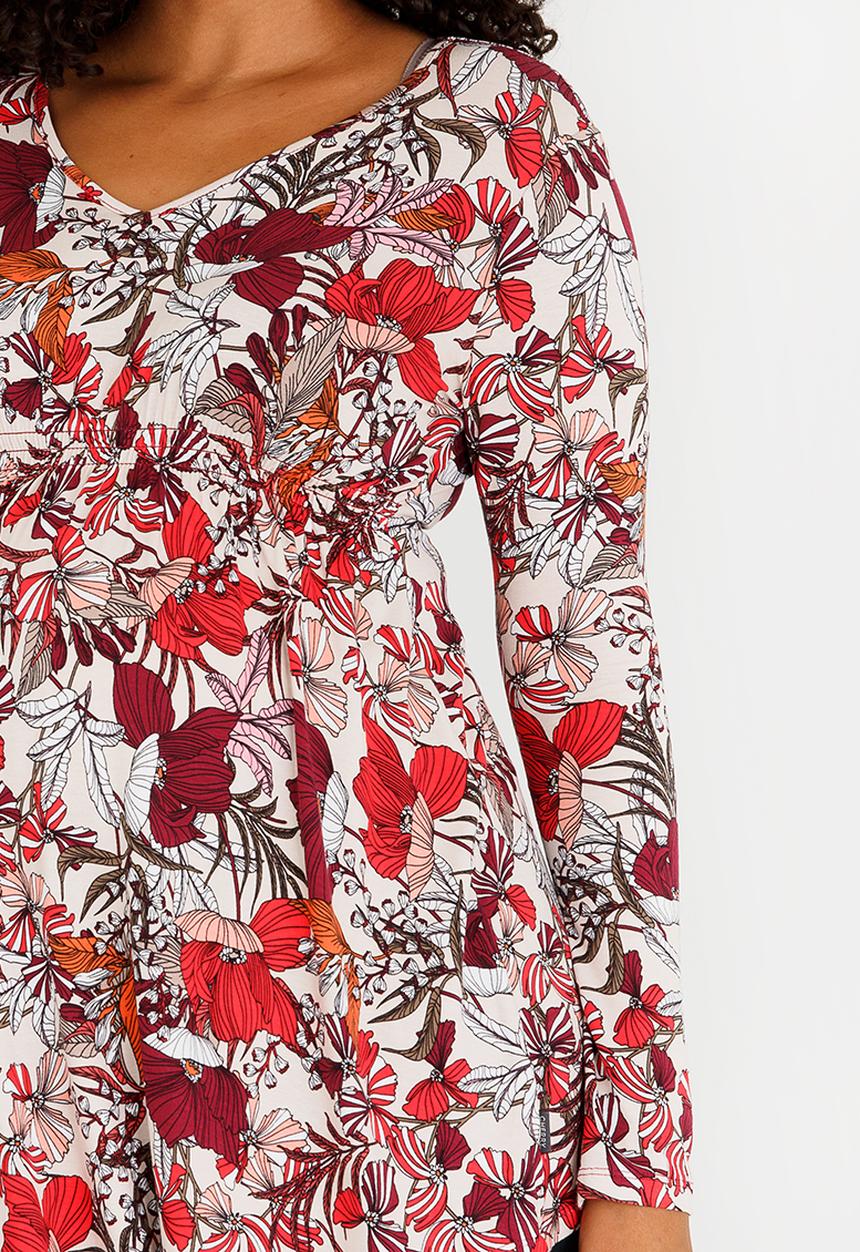 Cherry Melon - Printed Longsleeve Smock Detail Top Dark Red