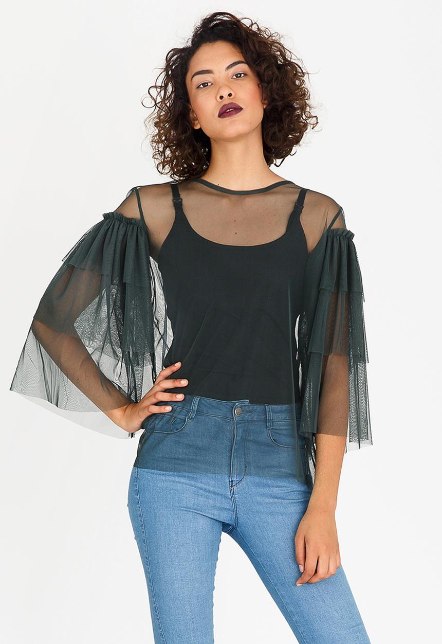 STYLE REPUBLIC - Sheer Frill Top Green