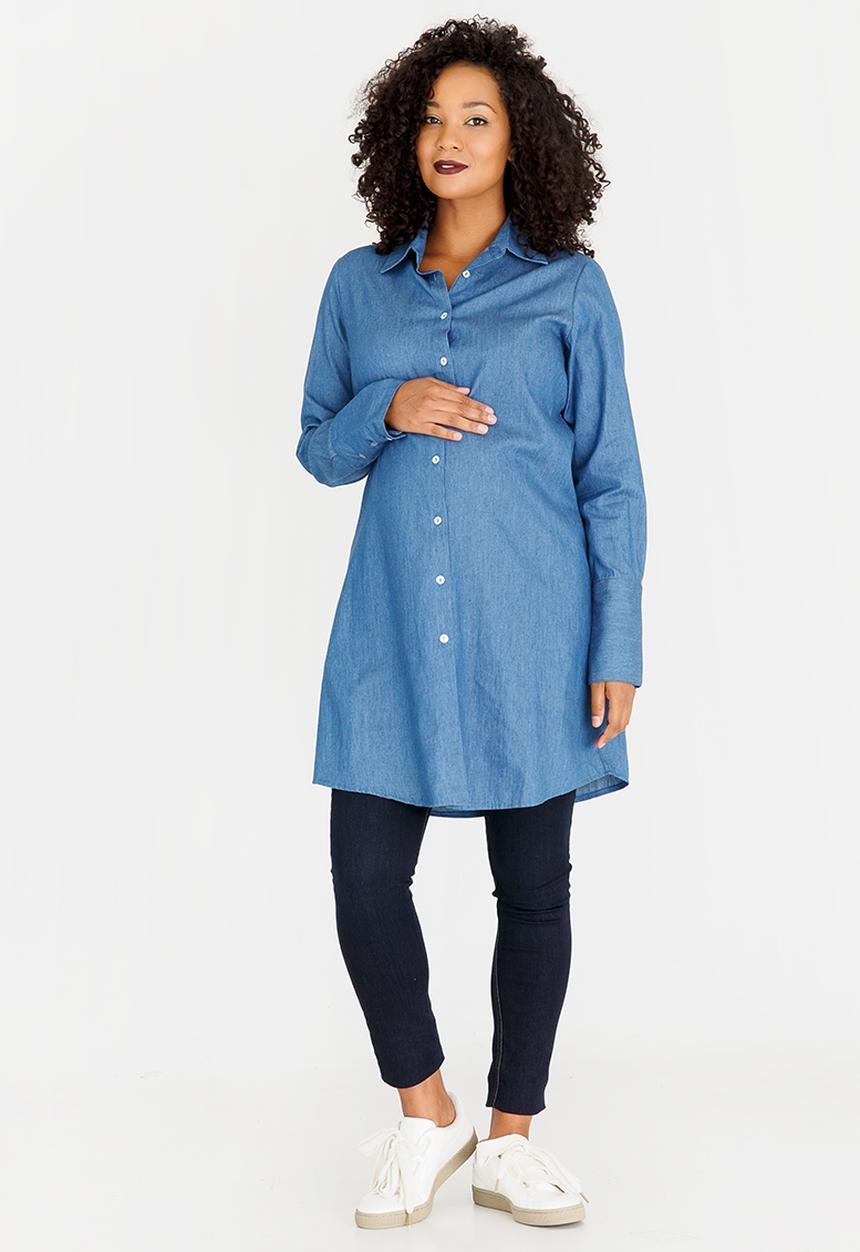 edit Maternity - Shirt Dress with Pockets Mid Blue