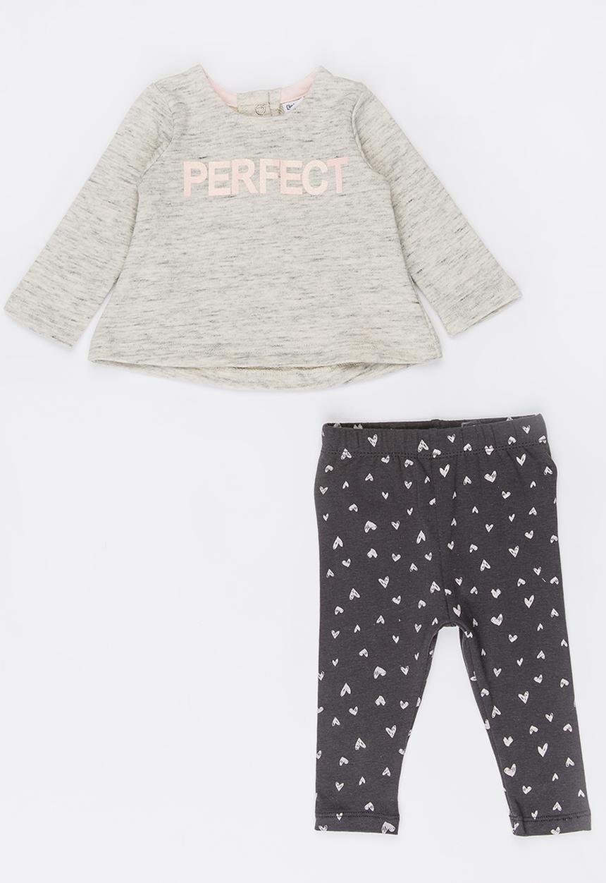 MINOTI - 2 Piece Dyed Fleece Top & Printed Legging Set Pale Grey