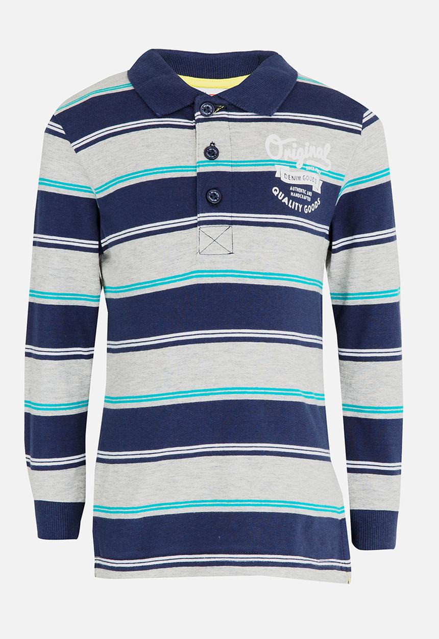 MINOTI - Striped Polo Long Sleeve Shirt Grey