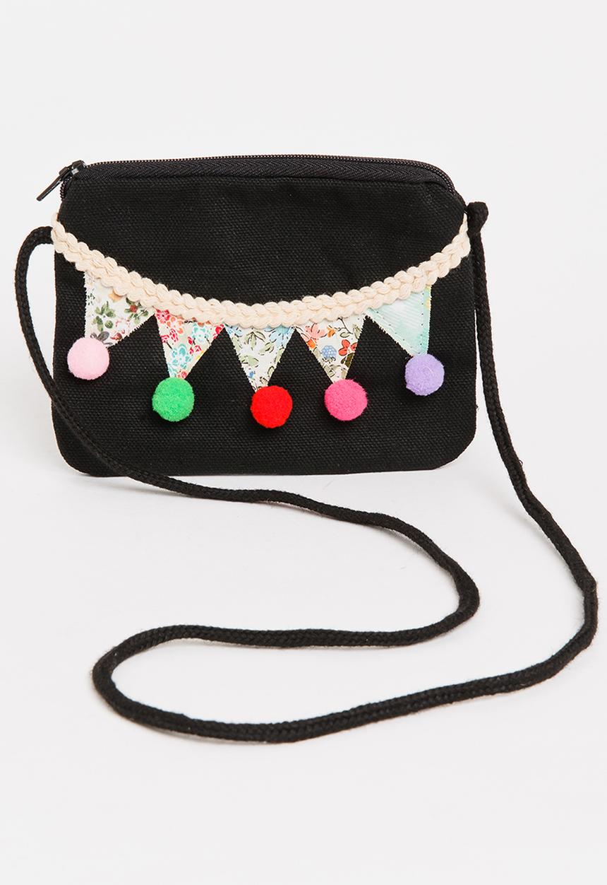Pop Candy - Sling Bag with Pom-Pom Detail Black