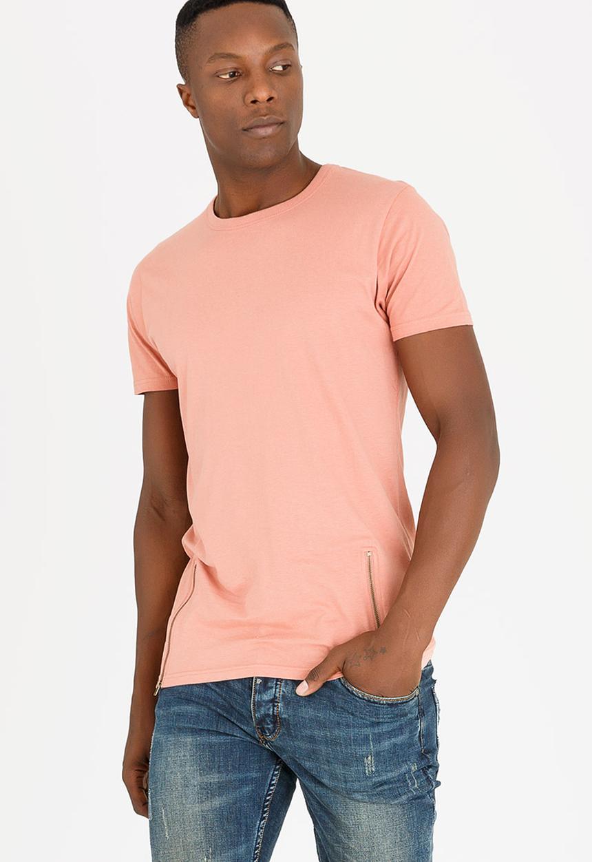 Brave Soul - Falcon Zip Detail Cotton Tee Pale Pink