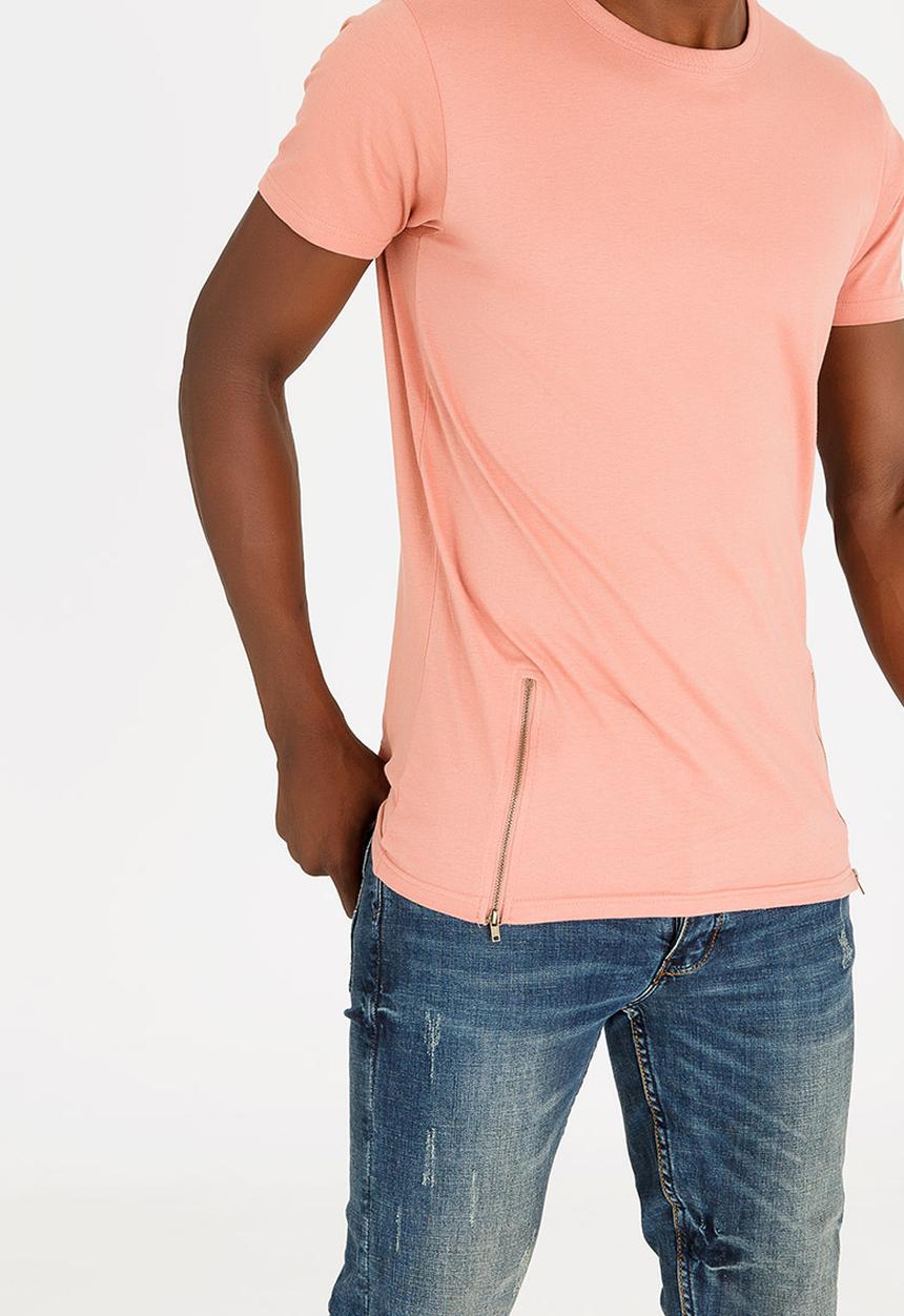 Brave Soul - Falcon Zip Detail Cotton Tee Pale Pink
