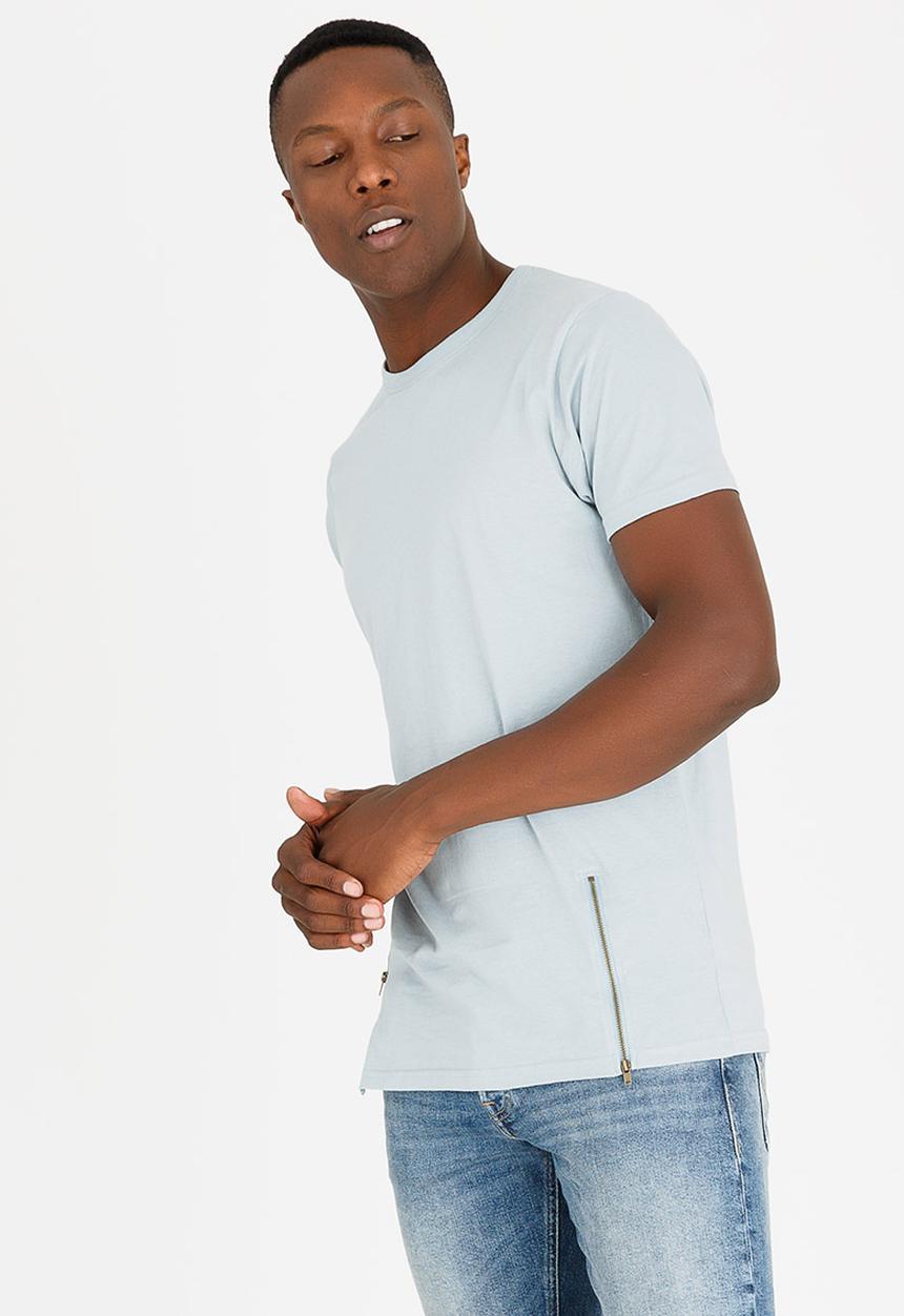 Brave Soul - Falcon Zip Detail Cotton Tee Mid Blue