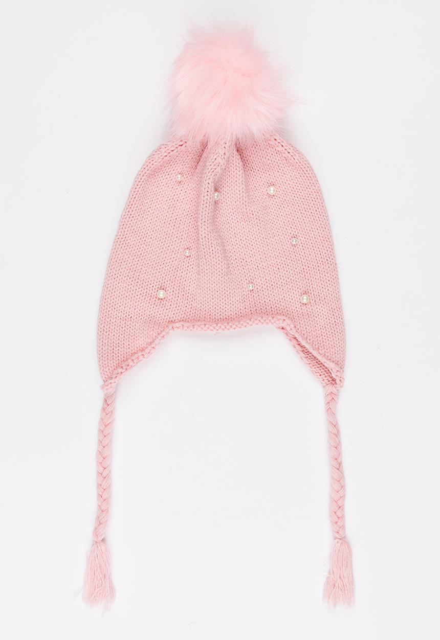 Pop Candy - Pom-Pom Beanie with Plaited Sides Pale Pink