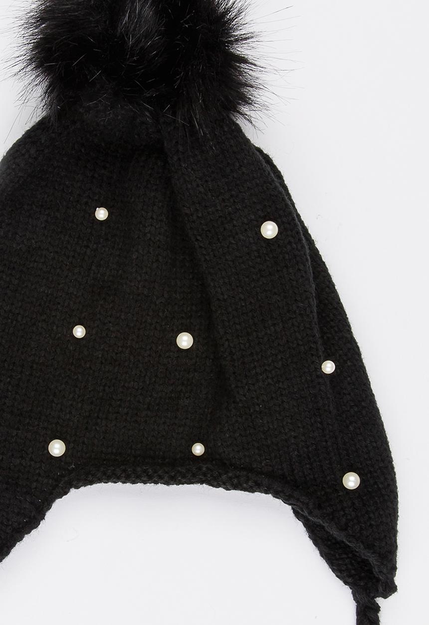 Pop Candy - Pom-Pom Beanie with Plaited Sides Black