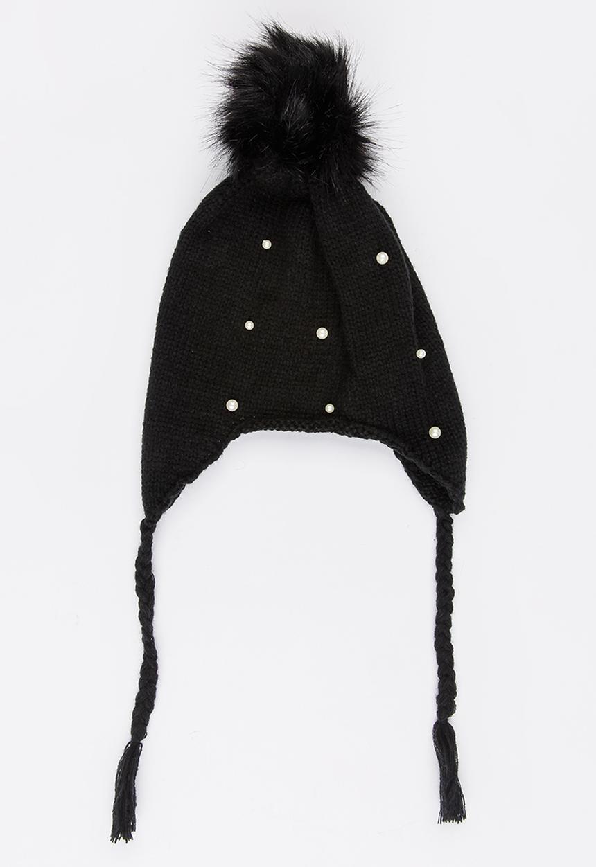 Pop Candy - Pom-Pom Beanie with Plaited Sides Black