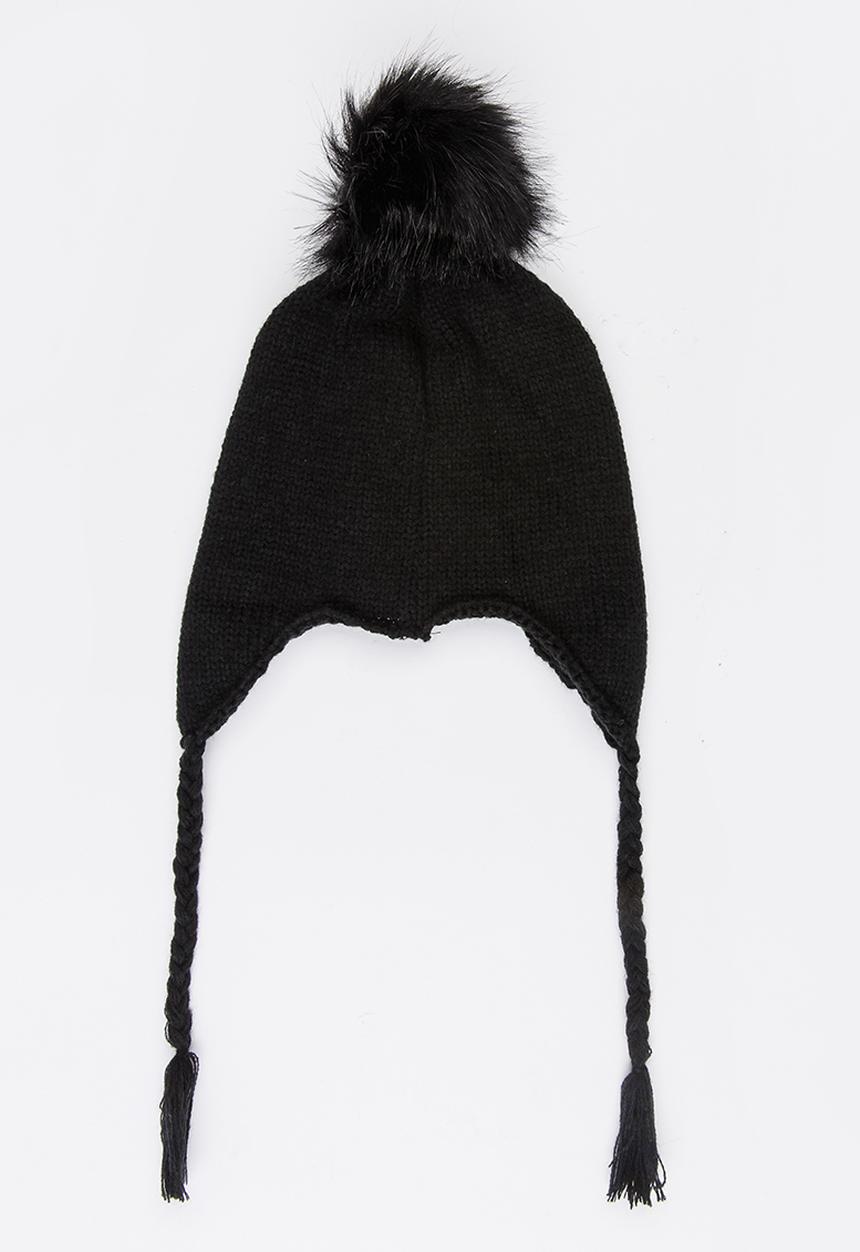 Pop Candy - Pom-Pom Beanie with Plaited Sides Black