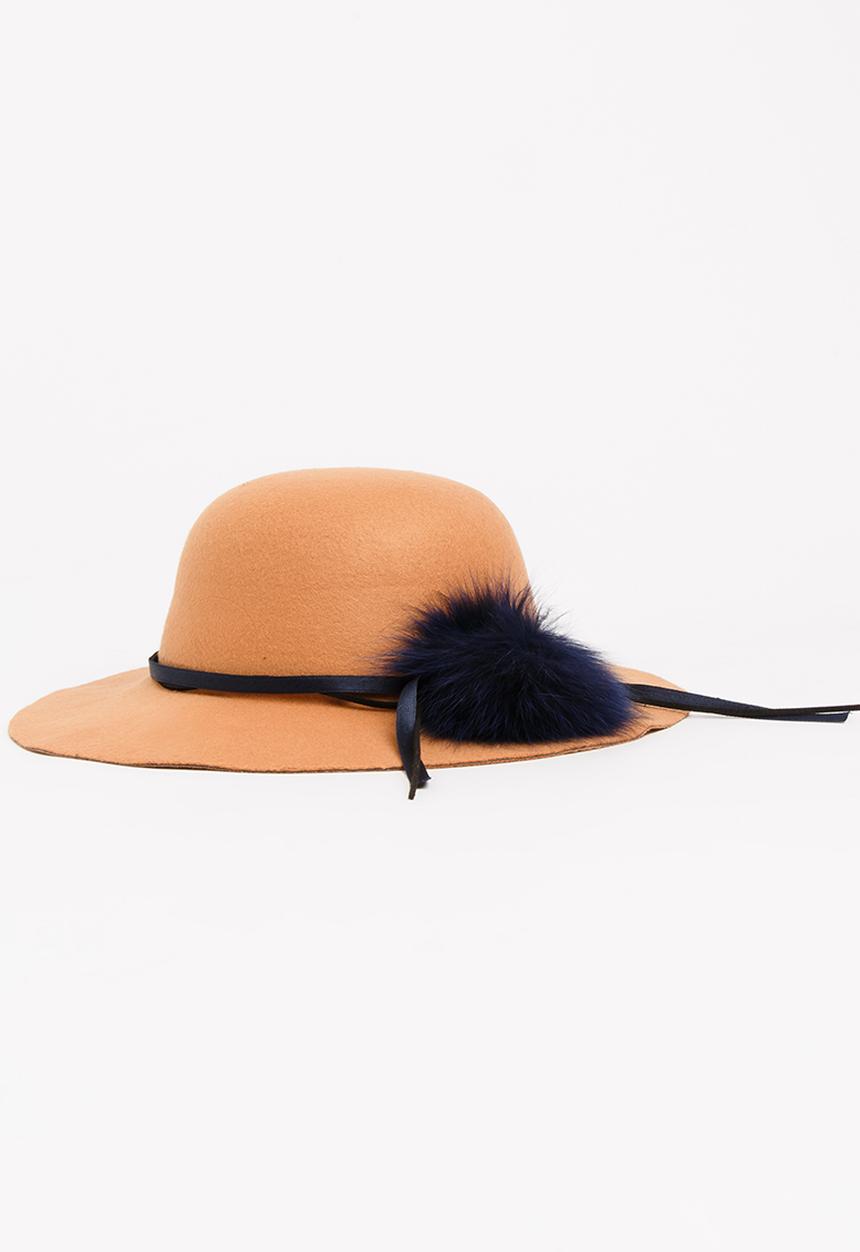 Pop Candy - Fedora Hat with Pom-Pom Detail Tan