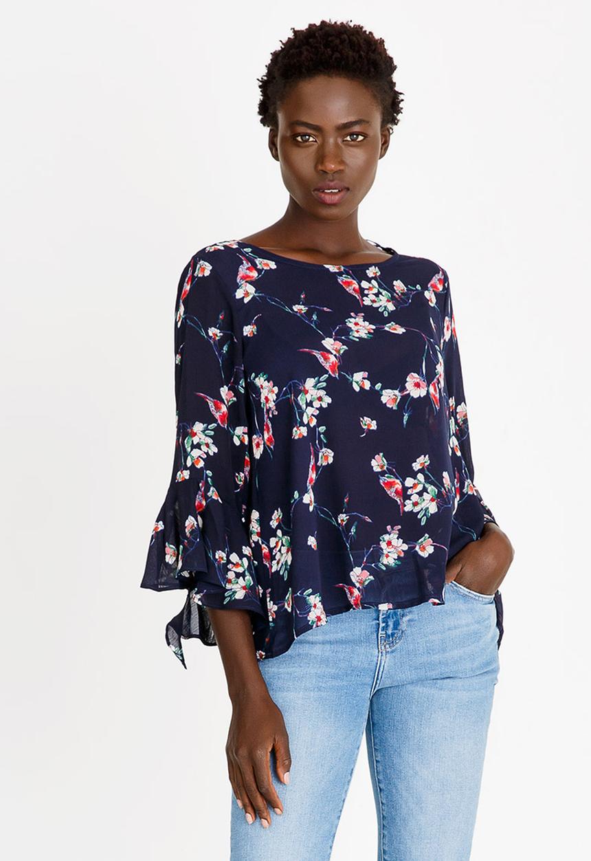 Revenge - Frilled Sleeve Floral Top Navy