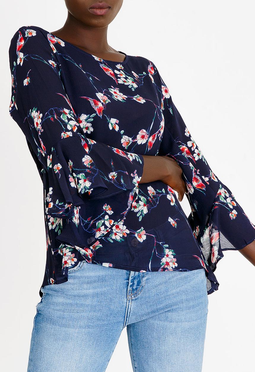 Revenge - Frilled Sleeve Floral Top Navy