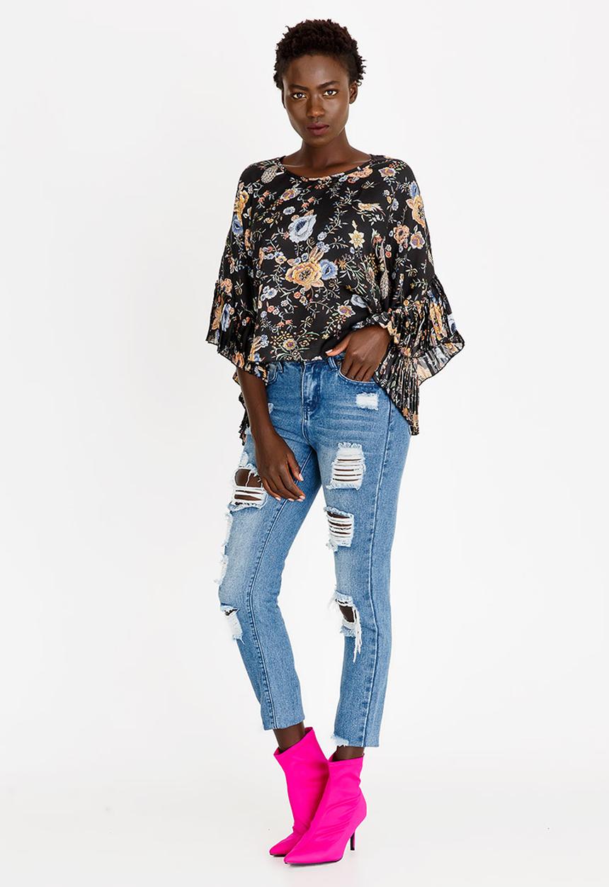 Revenge - Floral Pleated Batwing Blouse Black