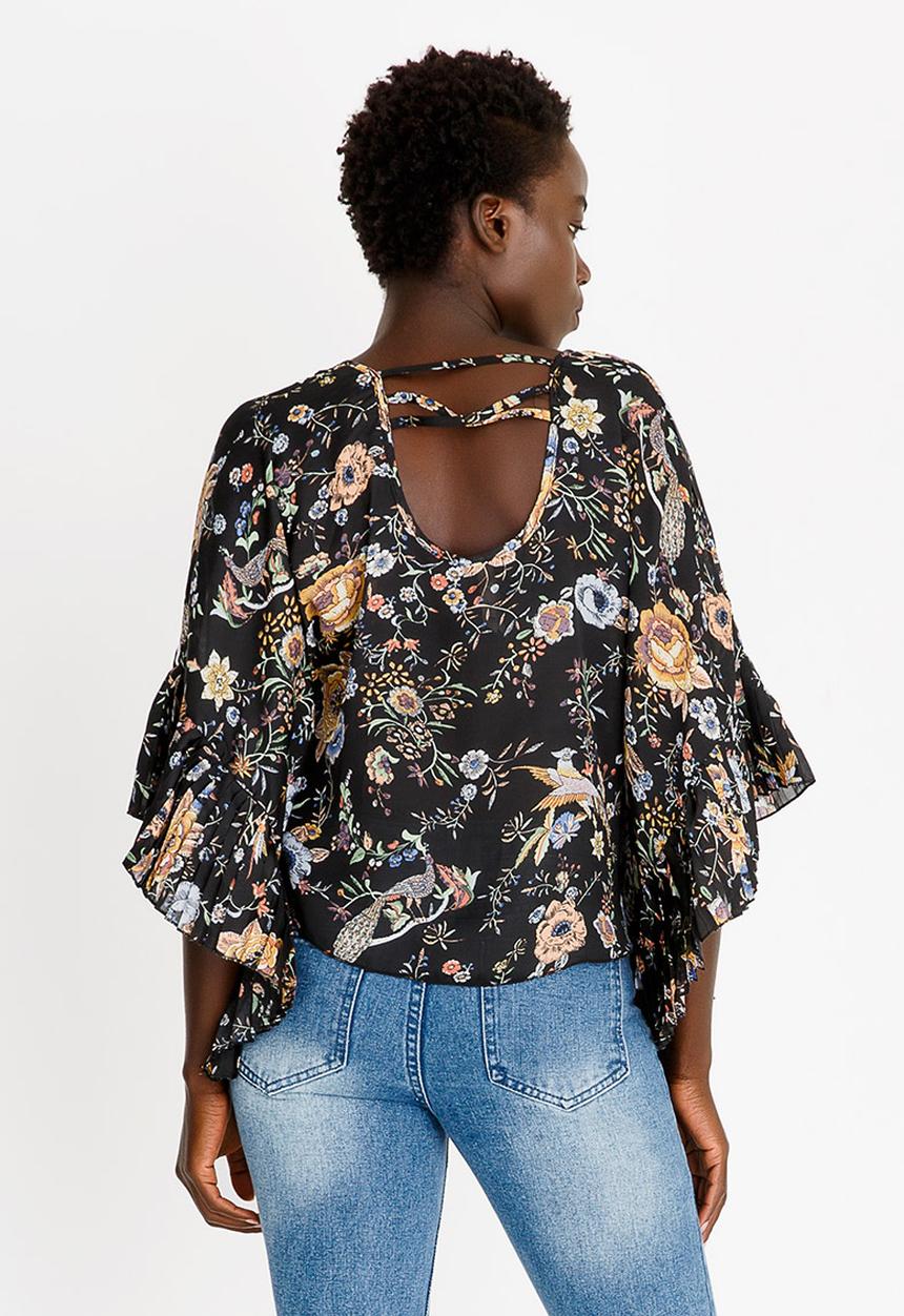 Revenge - Floral Pleated Batwing Blouse Black
