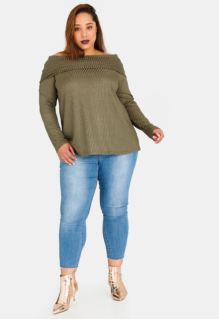 Slick - Kono Off the Shoulder Knit Top Khaki Green