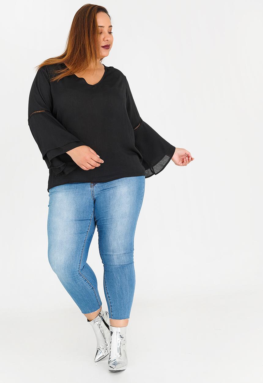 STYLE REPUBLIC PLUS - Bell Sleeve Blouse with Ladder Lace Detail Black