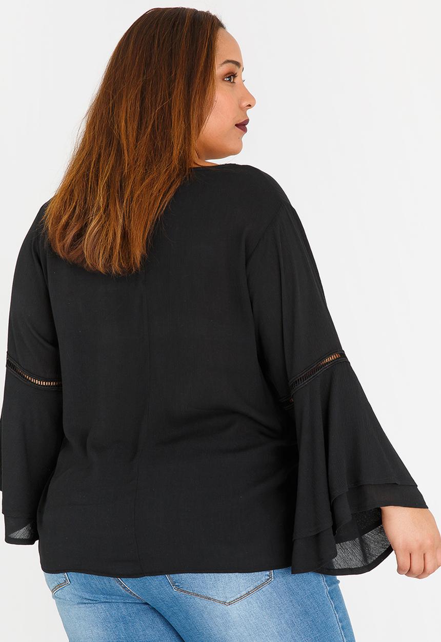 STYLE REPUBLIC PLUS - Bell Sleeve Blouse with Ladder Lace Detail Black