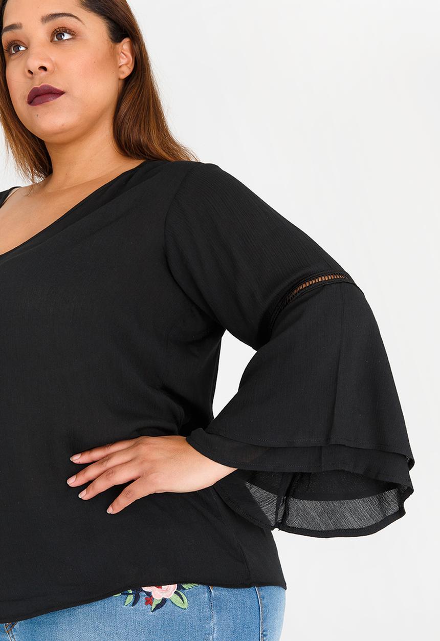 STYLE REPUBLIC PLUS - Bell Sleeve Blouse with Ladder Lace Detail Black
