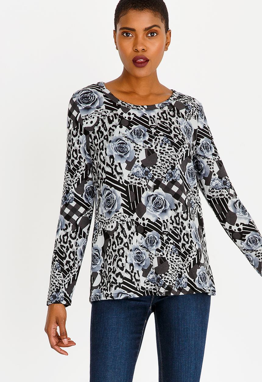 Revenge - Rose and Leopard Print Top Grey