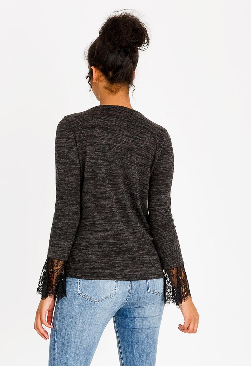 edit - Long Sleeve Top With Lace Inset Charcoal