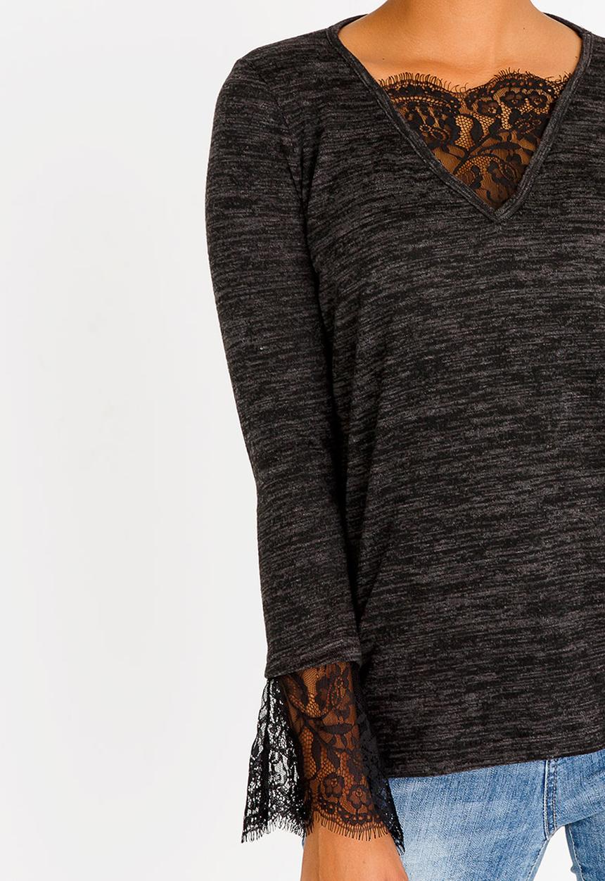 edit - Long Sleeve Top With Lace Inset Charcoal