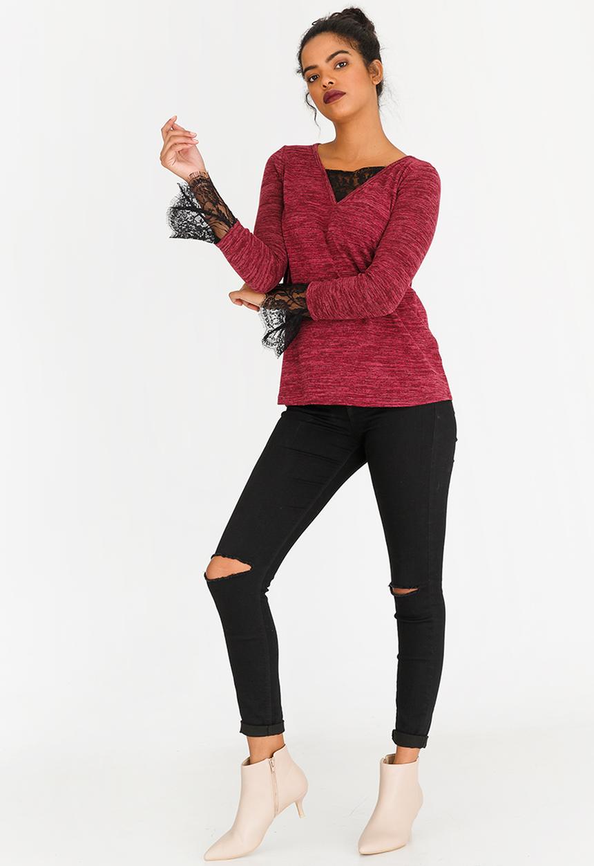 edit - Long Sleeve Top With Lace Inset Burgundy