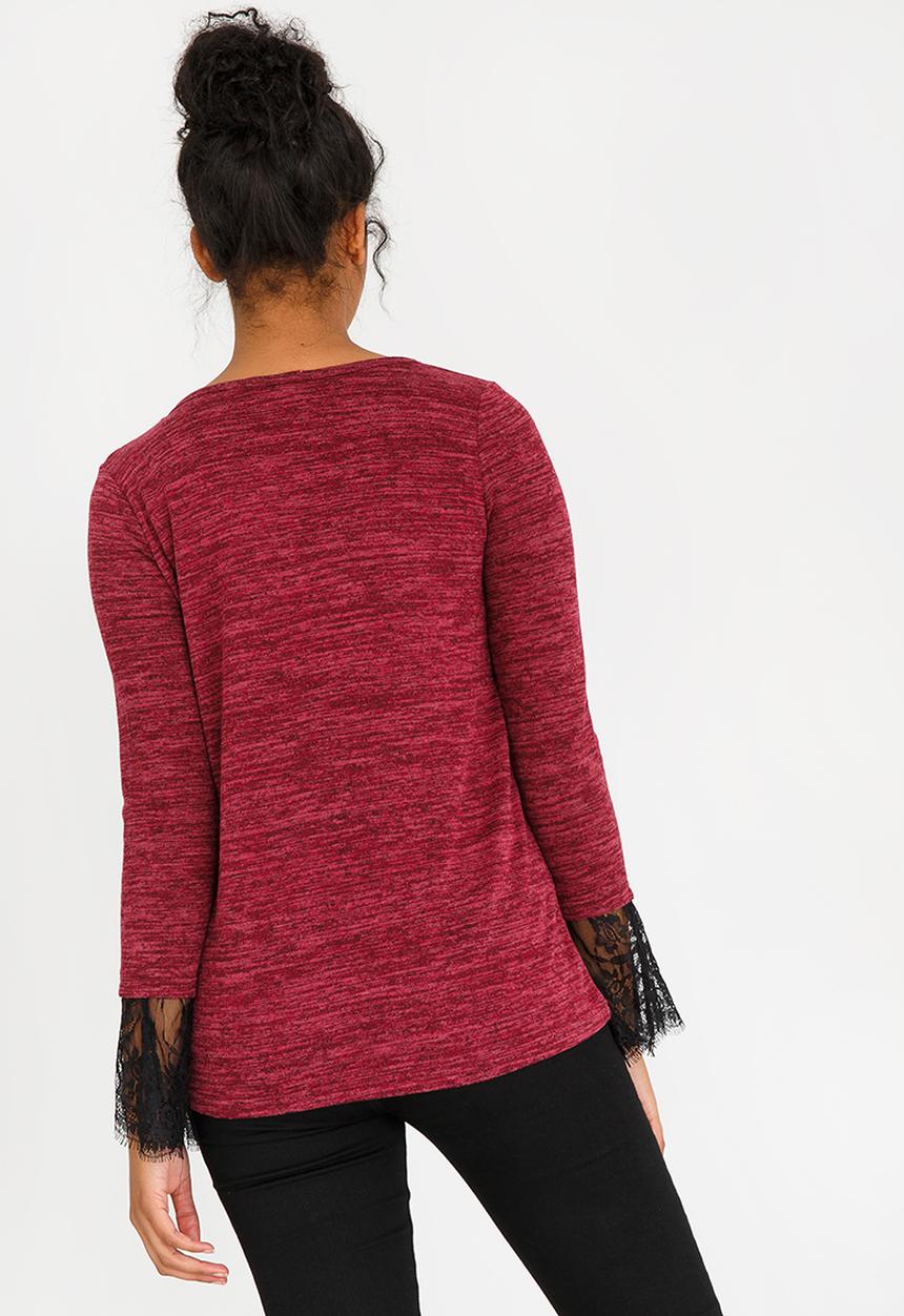 edit - Long Sleeve Top With Lace Inset Burgundy