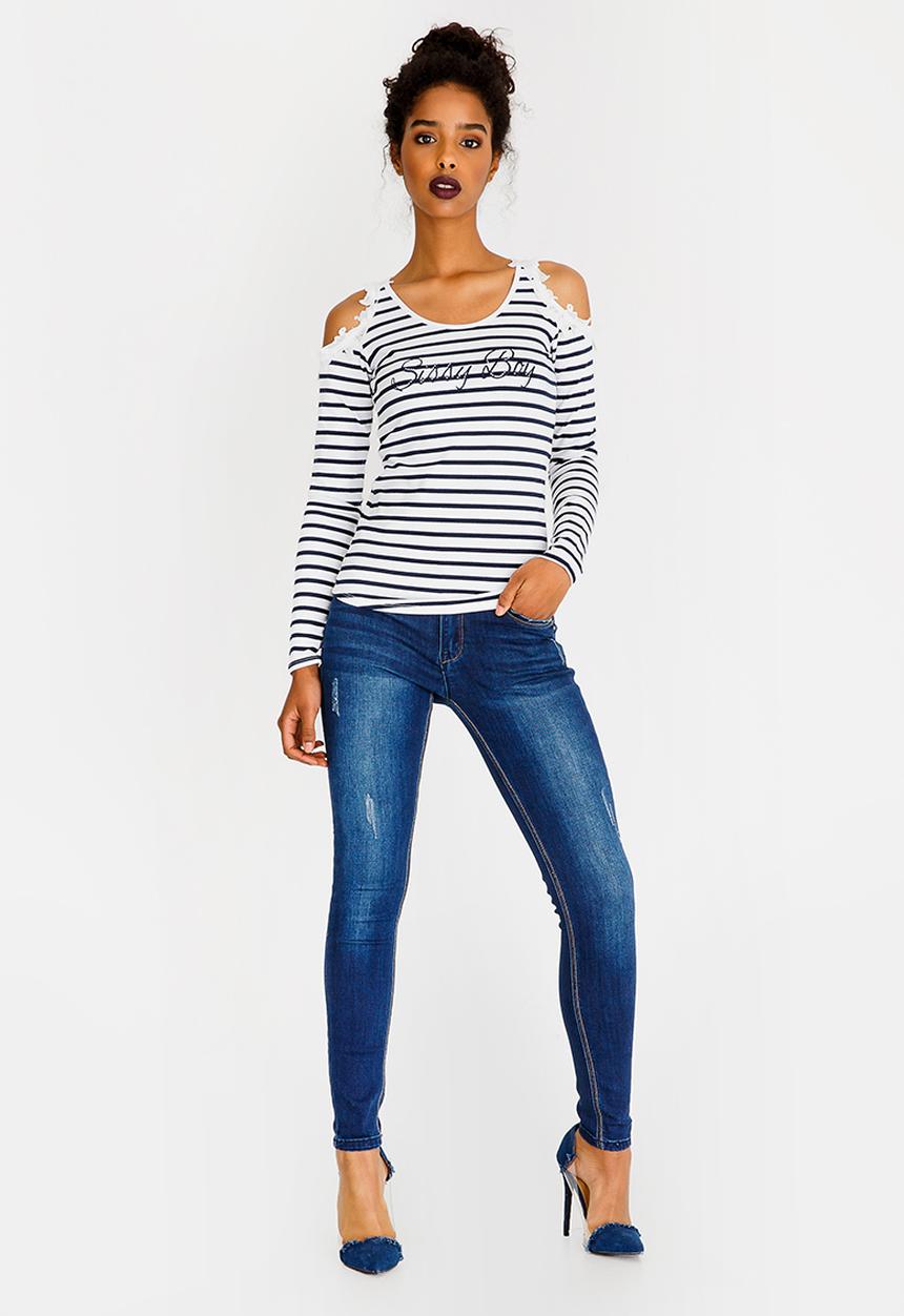 SISSY BOY - Stripe Cold Shoulder with Lurex Rib Navy