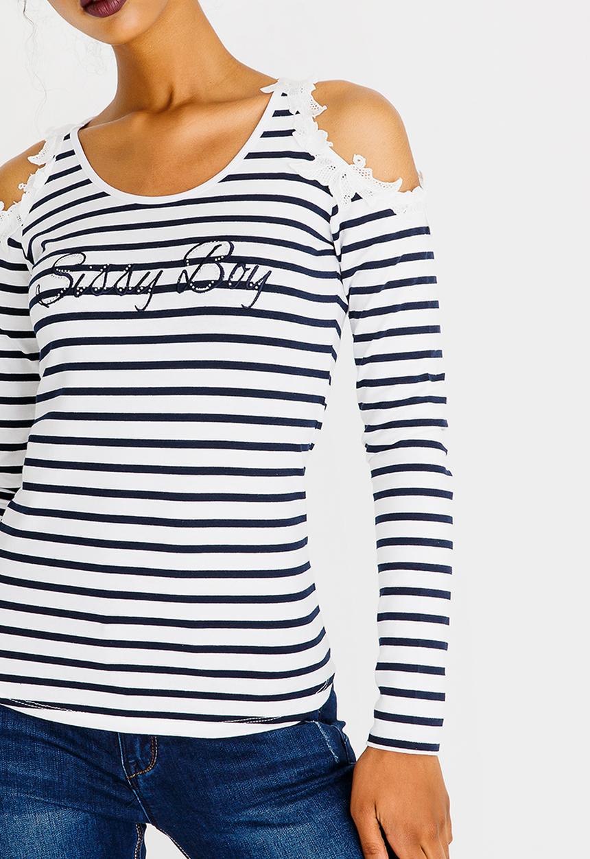 SISSY BOY - Stripe Cold Shoulder with Lurex Rib Navy