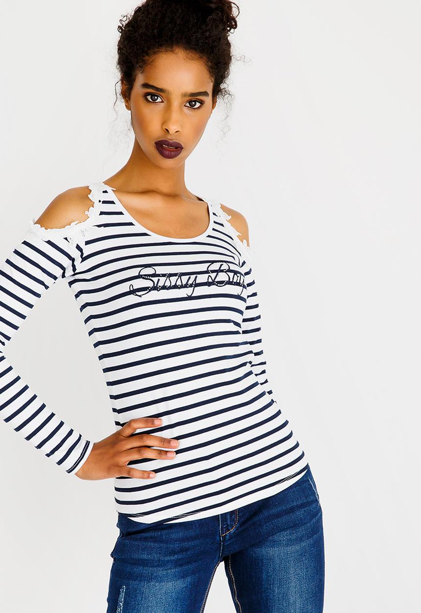 SISSY BOY - Stripe Cold Shoulder with Lurex Rib Navy