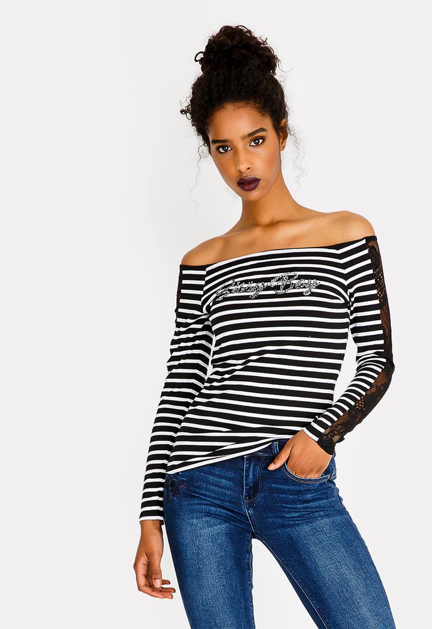 SISSY BOY - Stripe Bardot Top Black and Grey